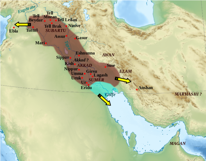 The map shows that the Akkadian Empire covered portions of modern-day Iraq, Iran, Turkey, Syria, Kuwait, Saudi Arabia, and Jordan. It also shows 3 military campaigns: one in the northwest, one in the southwest, and one in the southeast.