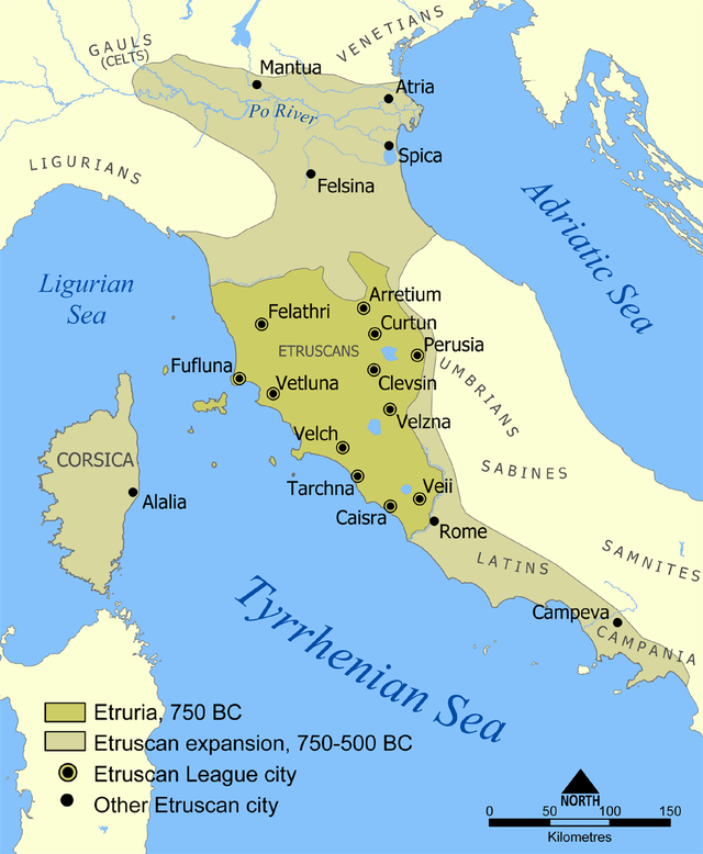 The map shows that Etruria, in 750 BC, covered an area of modern-day Italy from the Tyrrhenian Sea in the west, to Felathri in the north, to Perusia in the east, and to the area just north of Rome in the south. The twelve Etruscan league citiies were Felathri, Arretium, Curtun, Perusia, Fufluna, Clevsin, Vetluna, Velzna, Velch, Tarchna, Caisra, and Veii. The map also shows the extent of the Etruscan expansion that occured between 750-500. During that time, their lands stretched from Corsica in the west, to Mantua in the north, to Spica in the east, and to Campeva in the south.