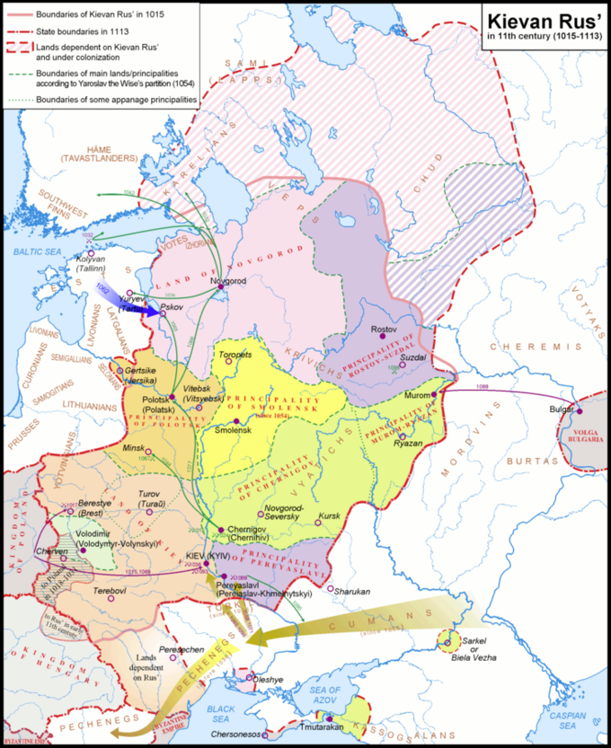 The map shows that at its greatest extent in the mid-11th century, Kievan Rus' stretched from the Baltic Sea in the north to the Black Sea in the south and from the headwaters of the Vistula in the west to the Taman Peninsula in the east, uniting the majority of East Slavic tribes.