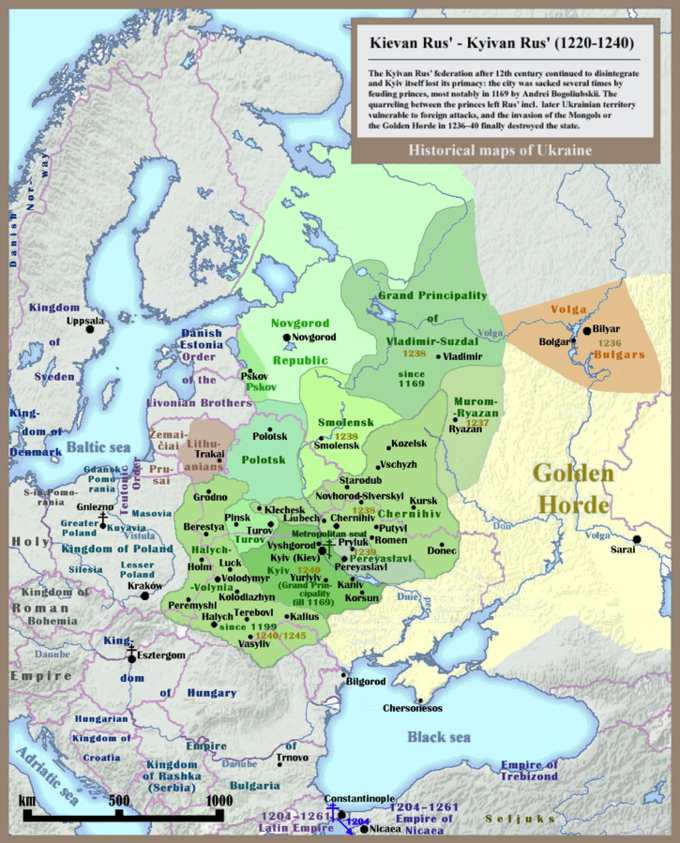 The map's cartouche reads,: "The Kylan Rus' federation after the 12th century continued to disintegrate and Kylv itself lost its primacy: the city was sacked several times by feuding princes, most notably in 1169 by Andrei Bogliubskii. The quarreling between the princes left Rus' including later Ukranian territory vulernable to foreign attacks, and the invasion of the Mongols or the Golden Horde in 1236-40 finally destroyed the state."