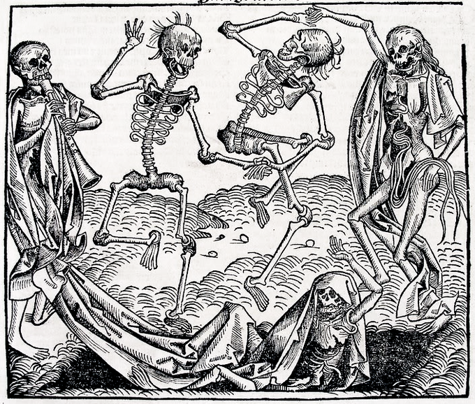 A Medieval etching depicted four skeletons dancing and playing music and one skeleton lying on the ground.