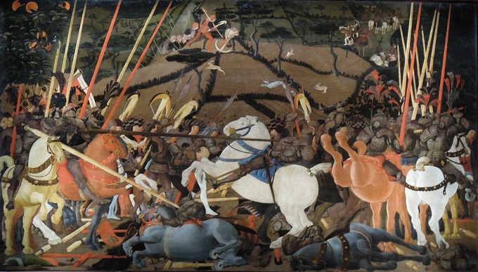 The painting depicts Niccolò Mauruzi da Tolentino unseatsing Bernardino della Ciarda at the Battle of San Romano.
