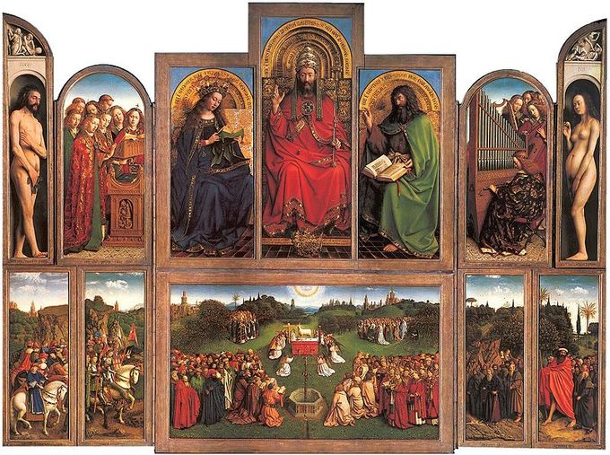 This altarpiece is divided into 12 panels in an upper and lower register with various scenes and figures, including a God-like figure, the Virgin Mary, Christ the King, and Adam and Eve.