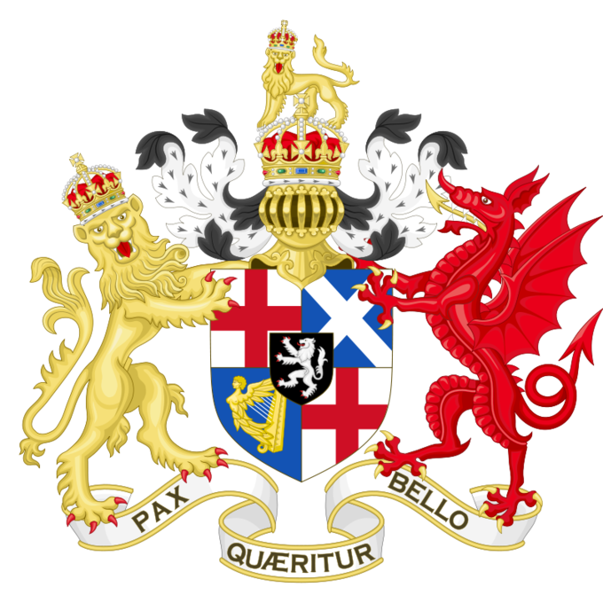 The coat of arms shows a golden lion on the left wearing a jeweled crown and a red dragon on the right. They stand atop a banner that reads "Pax Quaeritur Bello." The golden lion and the red dragon are holding a shield between them displaying four flags (two English flags, one Scottish flag, and one Irish flag) and a white lion. Above the shield is a gold armored feathered headpiece. Above the crown sits a small gold lion wearing a jeweled crown.
