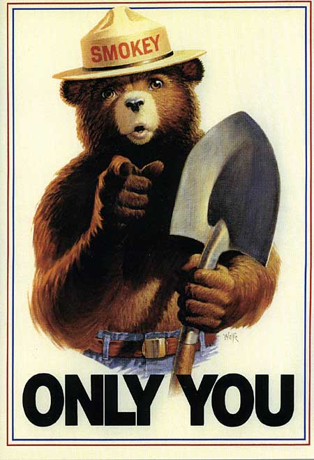 An image of Smokey Bear, the iconic figure of the United States Forest Service's campaign on preventing wildfires. Smokey Bear is clutching a shovel and pointing directly at the viewer of the image above the caption â€˜Only You.'