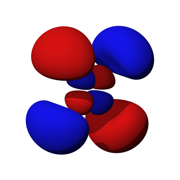 ] La representación tridimensional de los orbitales f muestra cuatro sólidos en forma de frijol en el centro. Cuatro sólidos significativamente más grandes en forma de frijol se encuentran en cada esquina. La posición del frijol alterna entre rojo y azul.