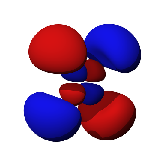 ]Three dimensional representation of the f orbitals shows four bean shaped solid in the center. Four significantly larger bean shaped solids are located in each corner. The position of the bean alternates between red and blue. 