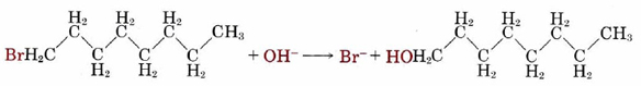 Diagram showing the chemical structure of 1-bromooctane reacting with a hydroxide ion forming a bromine ion and 1-octanol.