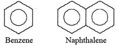 Chemical structure diagram of benzene and naphthalene; naphthalene's structure resembles two benzene molecules connected together with each partial benzene sharing 2 carbons with the other.