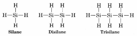 Structure diagrams of silane (SiH4), Disilane (Si2H6), amd trisilane (Si3H8).