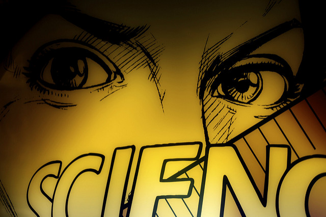 Comic panel showing close-up of eyes and the word "Science"