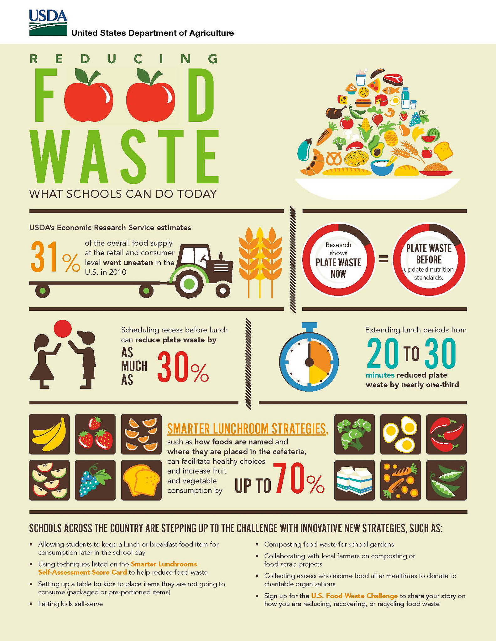 Infographic: Reducing Food Waste: What Schools Can Do Today. Image of a plate piled with clip art of food items at top. Next block: image of tractor pulling flat trailer towards wheat. USDA's Economic Research Service estimates 31% of the overall food supply at the retail and consumer level went uneaten in the U.S. in 2010. Next block: two pie charts on plates. Left: Research shows Plate Waste Now (10% of plate chart in dark brown, rest in red) = Plate waste before updated nutrition standards (also 10% dark on pie chart compared to rest in bright red). Next block: two children playing with a red ball. Scheduling recess before lunch can reduce plate waste by as much as 30%. Next block: stop watch with 20 seconds marked in bright orange, next 10 seconds in yellow, rest in white. Extending lunch periods from 20 to 30 minutes reduced plate waste by nearly one-third. Next block: Brown squares with drawings of food items surround text in middle. Smarter lunchroom strategies, such as how foods are named and where they are placed in the cafeteria, can facilitate healthy choices and increase fruit and vegetable consumption by up to 70%. Last block: Schools across the country are stepping up to the challenge with innovative new strategies, such as: Allowing students to keep a lunch or breakfast food item for consumption later in the school day. Using techniques listed on the Smarter Lunchrooms Self-Assessment Score Card to help reduce food waste. Setting up a table for kids to place items they are not going to consume (packaged or pre-portioned items). Letting kids self-serve. Composting food waste for school gardens. Collaborating with local farmers on composting or food-scrap projects. Collecting excess wholesome food after mealtimes to donate to charitable organizations. Sign up for the U.S. Food Waste Challenge to share your story on how you are reducing, recovering, or recycling food waste.
