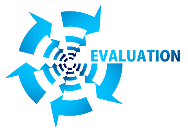 Graphic showing concentric blue arrows moving clockwise, with the word Evaluation as the starting and end point