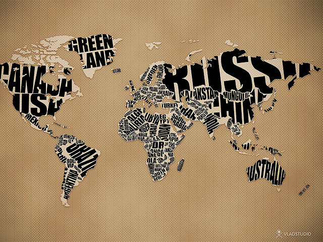 A world map; countries noted by large typographic representations of their names
