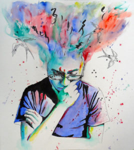 Painting of person in purple shirt with head in thoughtful pose, bright colors streaming from his skull