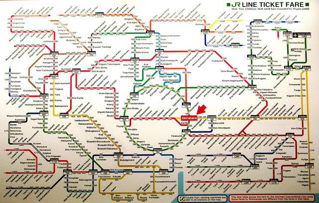 Subway map showing very convoluted red, yellow, green, blue, and black lines with hundreds of stops marked.
