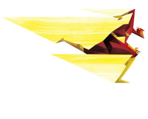 drawing of The Flash character in red hero suit running left, with angular yellow streaks trailing behind him