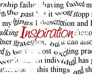 The word Inspiration in red font in the middle of other warped black words such as failure, it won't stop, exciting, individual, and others that are illegible