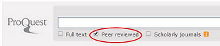 Screenshot of a ProQuest database search with a peer-reviewed checkbox option.