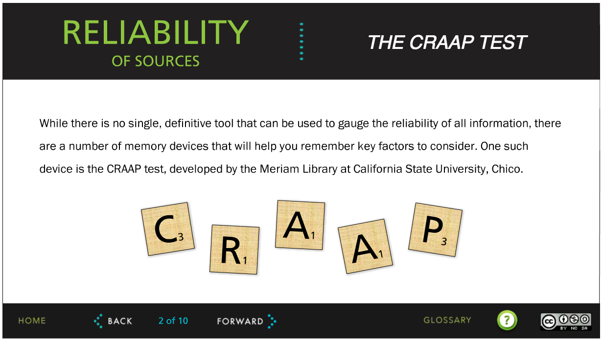 Screenshot of the Tutorial, with an introduction to the CRAAP test.