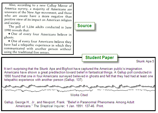 Passage from a source text with an example of a student paper in which they have paraphrased the content, included a citation in parenthesis, and also included a citation in the works cited list.