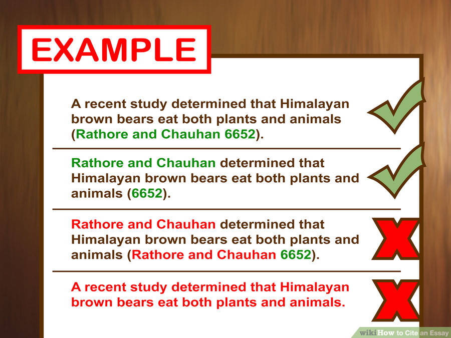 Correct: A recent study determined that Himalayan brown bears eat both plants and animals (Rathore and Chauhan 6652). Correct: Rathore and Chauhan determined that Himalayan brown bears eat both plants and animals (6652). Incorrect: Rathore and Chauhan determined that Himalayan brown bears eat both plants and animals (Rathore and Chauhan 6652). — You should not list the author(s) parenthetically if that information is in the sentence itself. Plagiarism: A recent study determined that Himalayan brown bears eat both plants and animals. — The writer did not attribute proprietary information to the people who conducted the study.