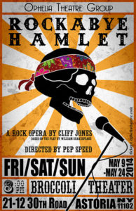 Concert Poster for Rockabye Hamlet, showing a skull wearing a tye-dye bandana singing into a microphone