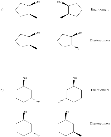 Respuestas al Ejercicio 5.9.9, a y b, mostrando todos los diastereómeros y enantiómeros.