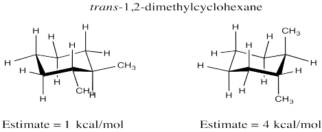 Respuesta al Ejercicio 6.10.4. Izquierda: ambos grupos metilo en posición ecuatorial. Estimación = 1 kcal/mol. Derecha: ambos grupos metilo en posiciones axiales. Estimación = 4 kcal/mol.