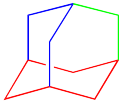 Respuesta al Ejercicio 6.11.6, mostrando tres anillos separados de adamantano resaltados en azul, verde y rojo.