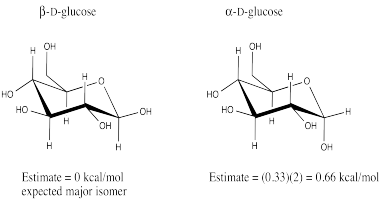 Respuesta al Ejercicio 6.12.2, mostrando beta-D-glucosa y alfa-D-glucosa. La beta-D-glucosa es el isómero principal esperado con 0 kcal/mol de cepa. La alfa-D-glucosa tiene una estimación de (0.33) (2) = 0.66 kcal/mol.