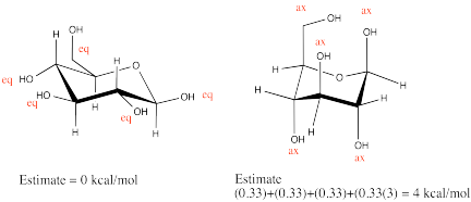 Respuesta al Ejercicio 6.12.1. Izquierda: todos los sustituyentes en positio ecuatorial con la leyenda “Estimar = 0 kcal/mol”. Derecha: todos los sustituyentes en posición axial con la leyenda “Estimar (0.33) + (0.33) + (0.33) + (0.33 (3) = 4 kcal/mol”.