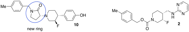 Ejercicio 6.14.1, respuesta g. Izquierda: la ciclopentanoamida de #10 es circular y etiquetada como “anillo nuevo”. Derecha: estructura esquelética de #2.