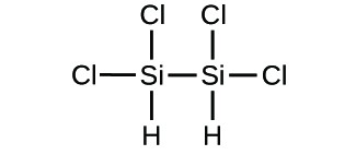 Figure C shows a structural diagram of two silicon atoms are bonded together with a single bond. Each of the silicon atoms form single bonds to two chlorine atoms each and one hydrogen atom.