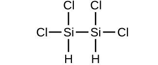A structure is shown. An S i atom forms a single bond with a C l atom, a single bond with a C l atom, a single bond with an H atom, and a single bond with another S i atom. The second S i atom froms a single bond with a C l atom, a single bond with a C l atom, and a single bond with an H atom.