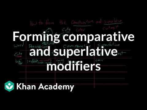 Thumbnail for the embedded element "Forming comparative and superlative modifiers | The parts of speech | Grammar | Khan Academy"