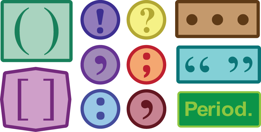 a collection of different punctuation marks, including parentheses, brackets, an exclamation point, an apostrophe, quotation marks, and a period.
