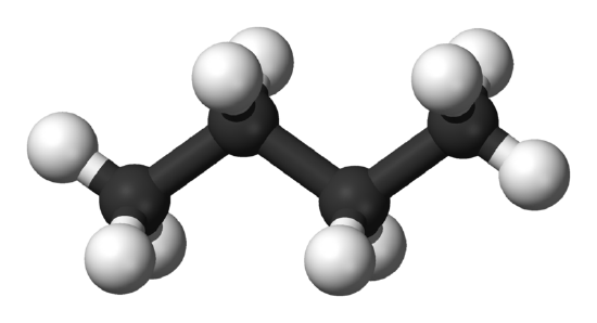 Butane represented with balls. Carbon atoms represented with black balls and Hydrogen with white. Bond follow a zig-zag shape