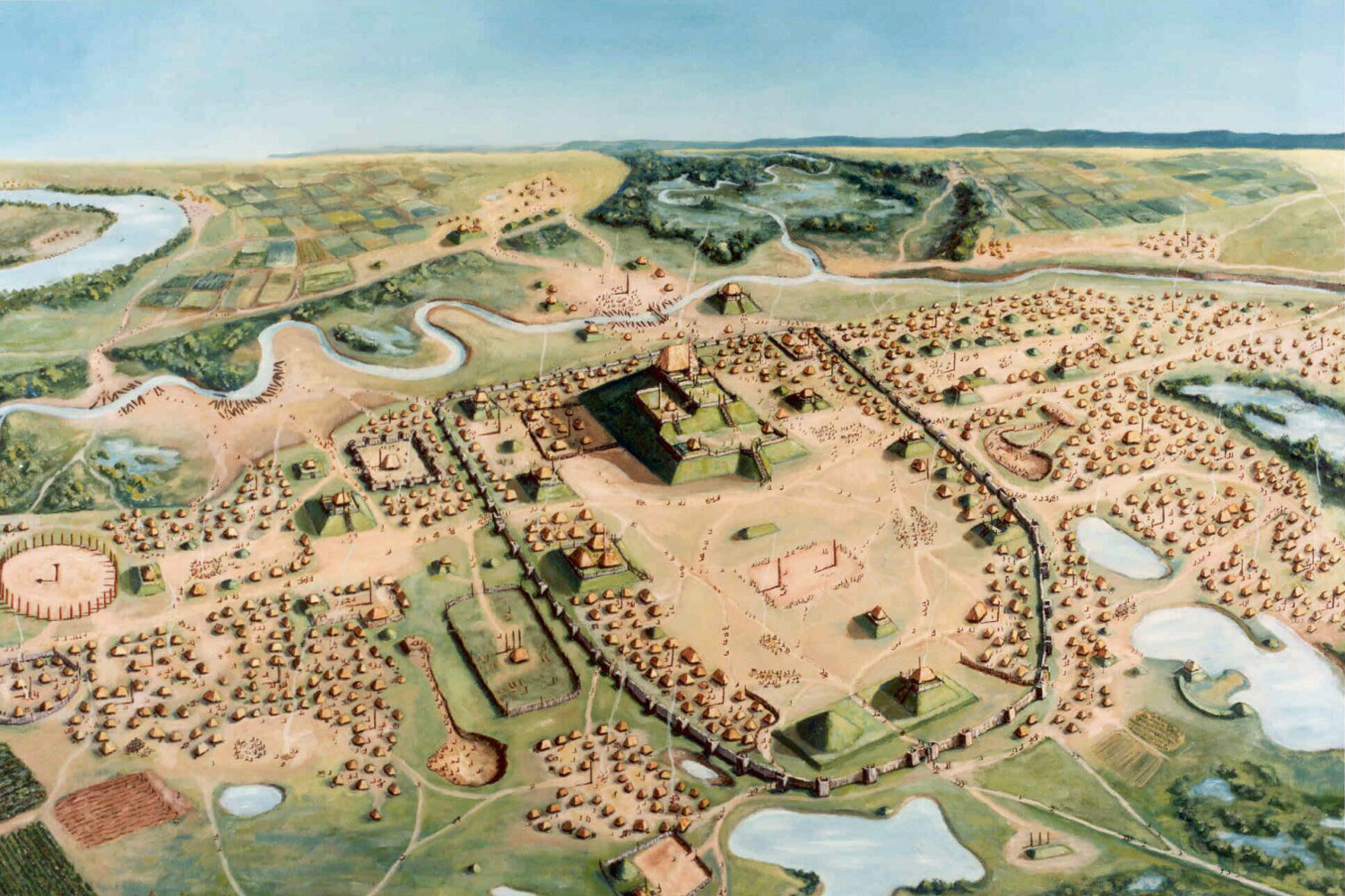 A bird's eye view of Cahokia. There are dozens of houses surrounding a wall that encloses more houses and a pyramid.