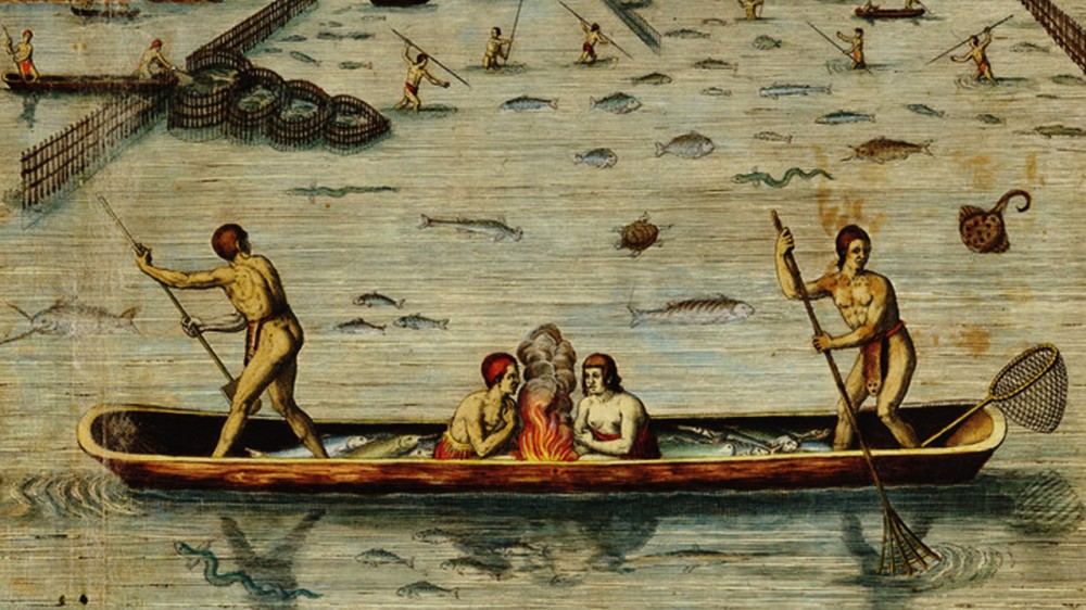 Native Virginians fishing in a boat