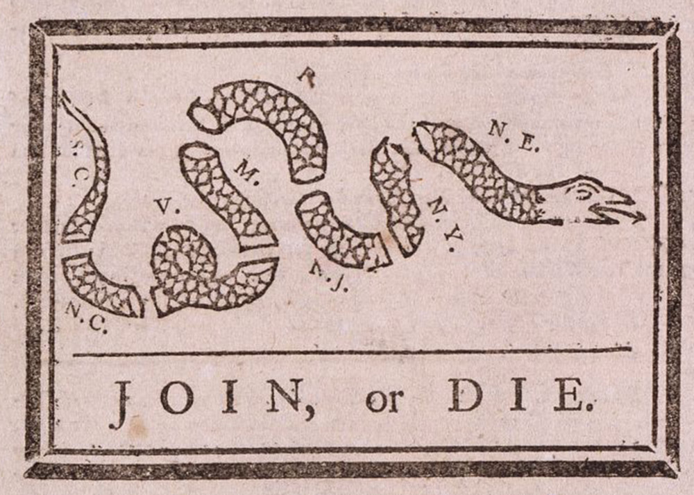 A snake is cut into pieces that each represent a colony. Beneath the snake are the words "Join or Die."