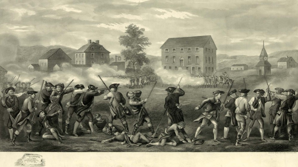 British soldiers and American colonists fighting.