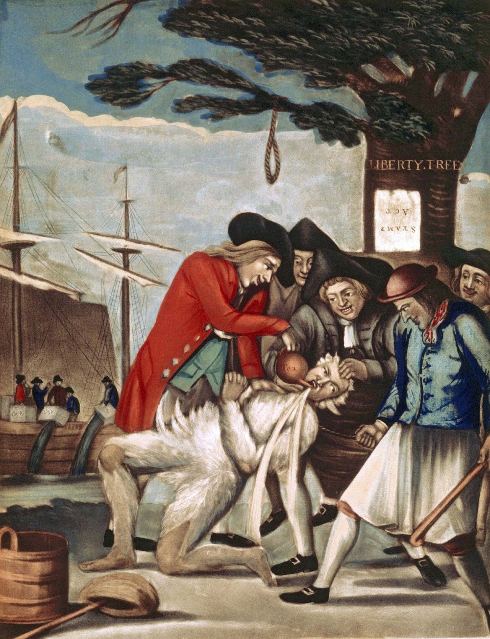 Members of the Sons of Liberty tarring and feathering a British Custom Commissioner.