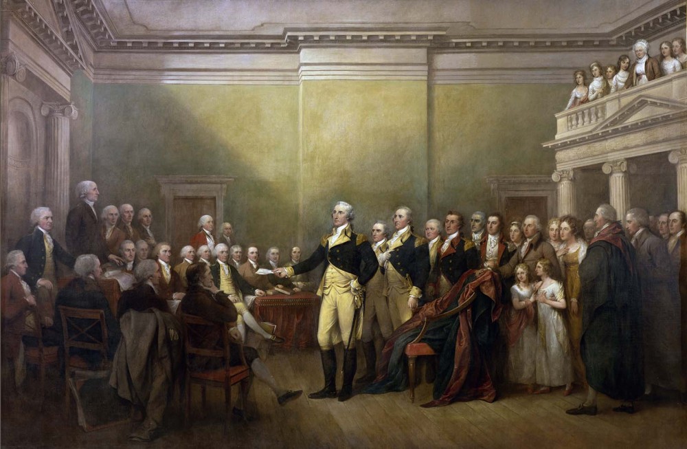 George Washington in front of an assembly.