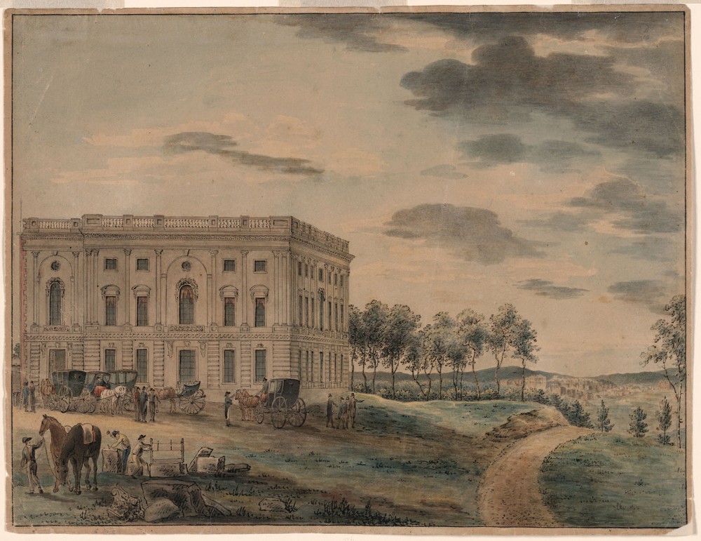 The Capitol building before it was burnt down. It is much smaller than the modern Capitol building and does not have a dome.