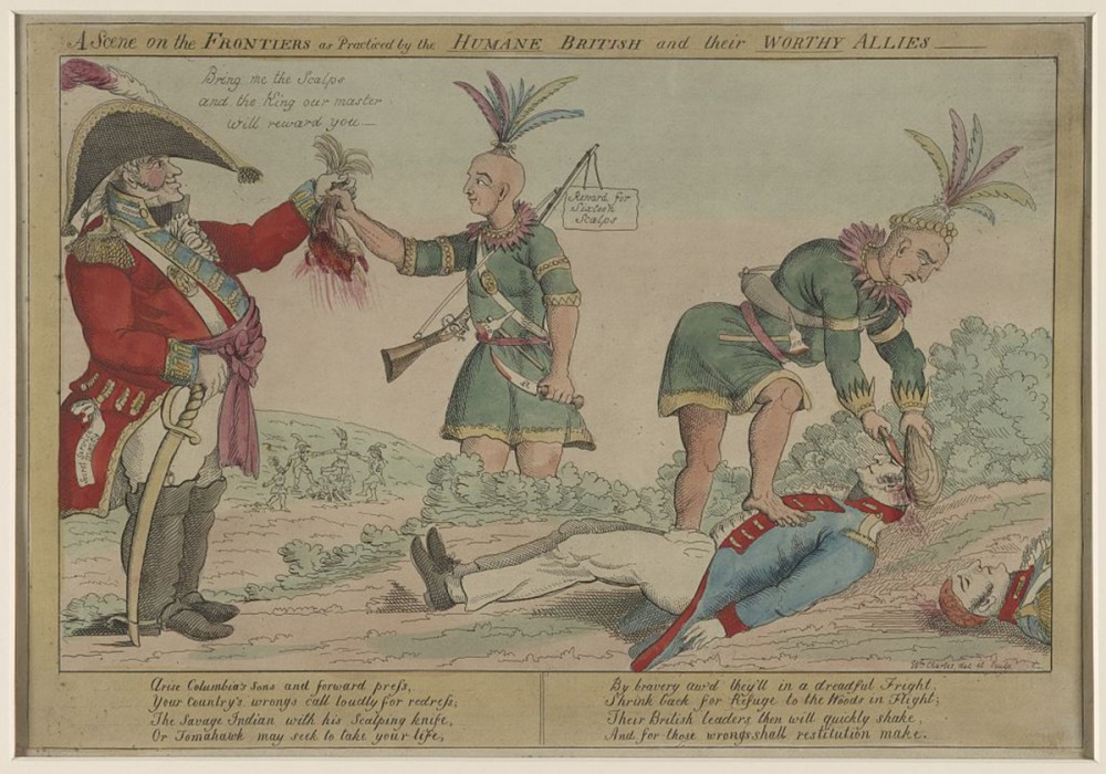 A British soldier making a deal with a Native American. Another Native American is scalping an American colonist.