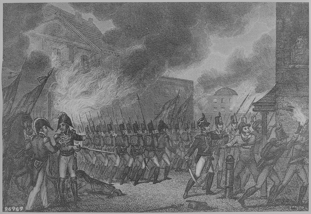 British soldiers advancing on a burning Washington D.C.