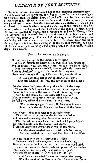 Text from a broadside printing of the Star Spangled Banner.