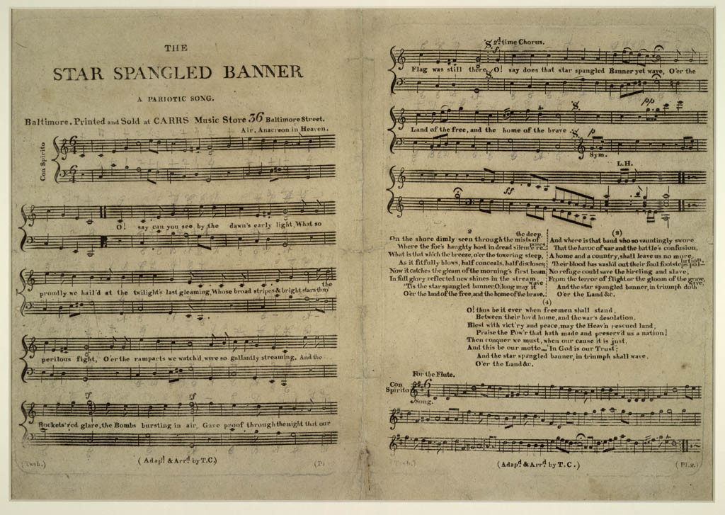 Old, yellowed version of the printed Star-Spangled Banner