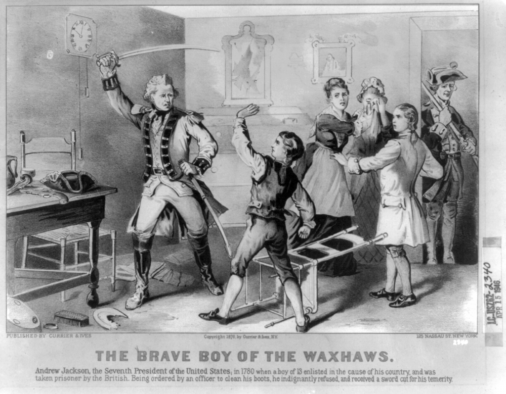 A young Andrew Jackson holding his hand up before a British soldier wielding a sword.